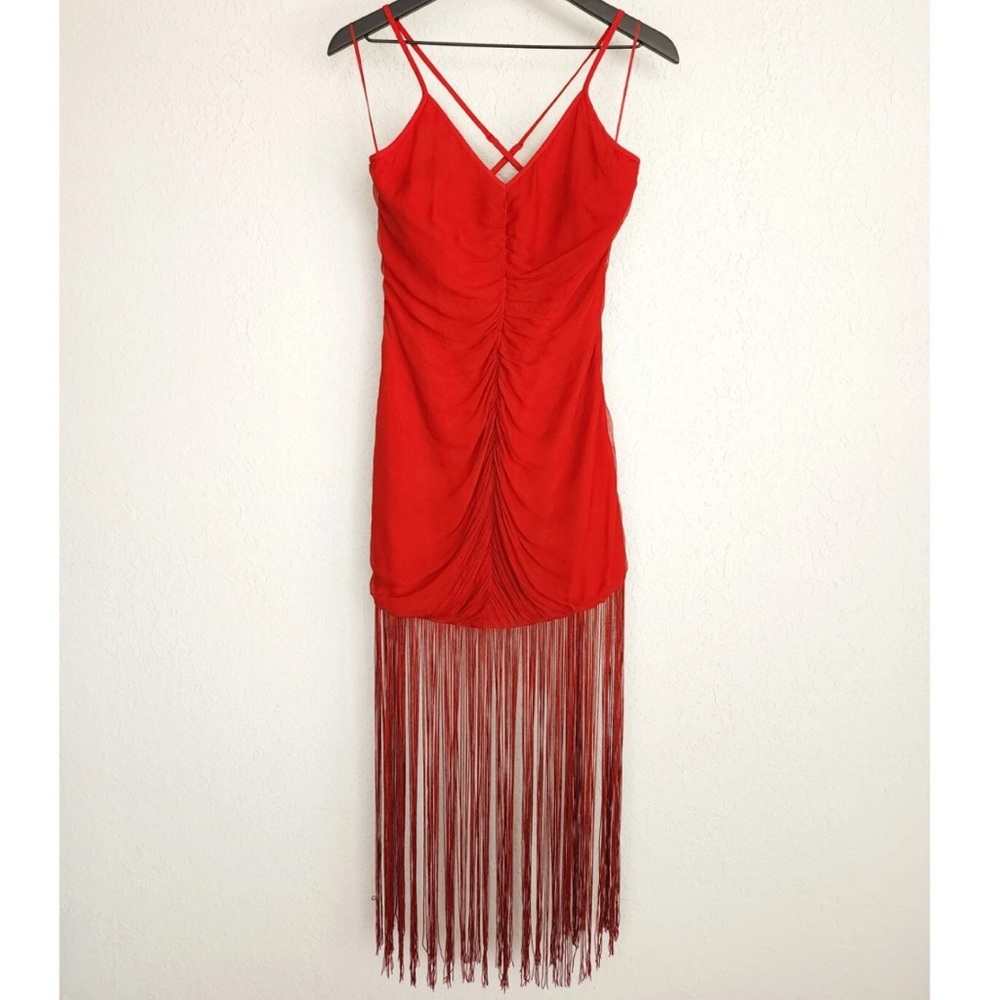 Anthropologie Vineet Bahl Red Wine Elegant Red Fringe Midi Dress
